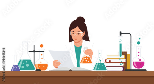 Professional female scientist in a white lab coat carefully studies a document while surrounded by colorful chemicals in glassware.