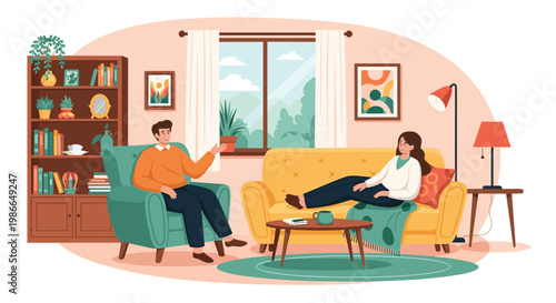 Young man and woman sit in a beautifully decorated living room, engaged in conversation while relaxing on comfortable sofas at home.