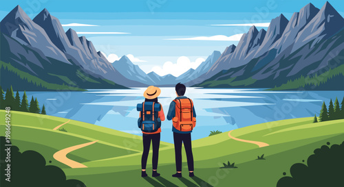 Hiker couple with backpacks stands on a green hill overlooking a majestic mountain range and a calm blue lake under a clear sky.