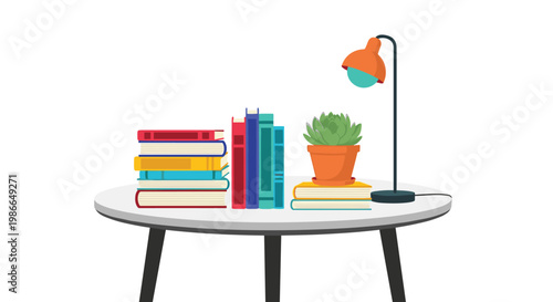 Small round table holds two stacks of colorful books, a potted succulent plant, and a stylish orange desk lamp in a tidy interior.