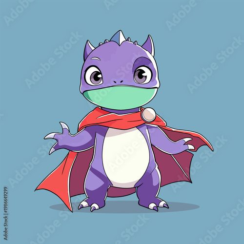 Super dinosaur hero stands, heroic cartoon with bright bold tones