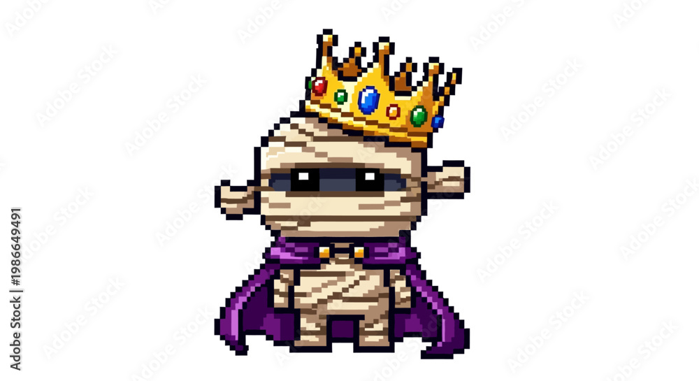 Fototapeta premium Pixel Art Mummy King Character with Crown and Cape.