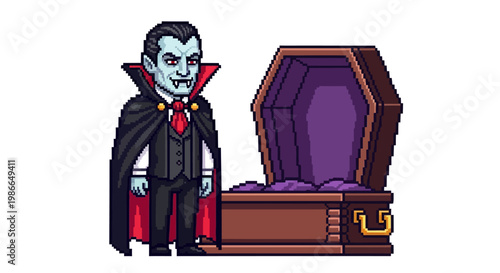 Pixel Art Vampire Standing Next to Open Coffin.