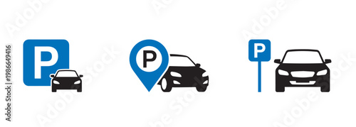 Car parking icons set, blue and black vehicle parking location symbols, 3 vector parking signs for maps and navigation apps