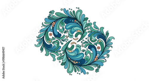 A vibrant, swirling floral design in shades of blue and green