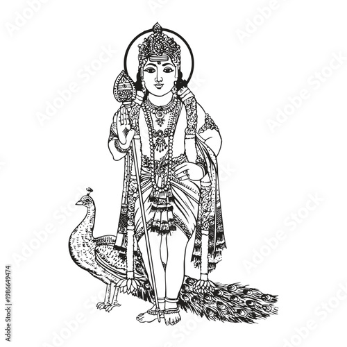 vintage drawing of indian om murugan subramaniya swamy god tamil