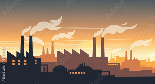 Industrial factory silhouette with smoke stacks at sunset.