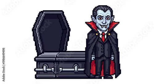 Pixel Art Vampire Standing Next To Open Coffin.