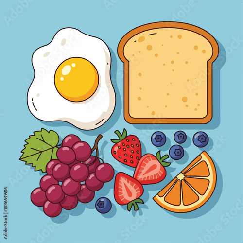 A cartoon breakfast scene with foods