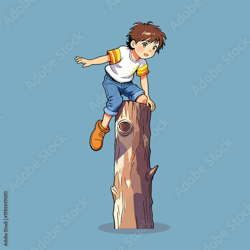 Cute boy climbs tree, playful cartoon with warm earthy tones