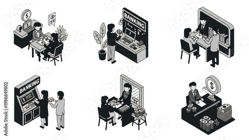 Isometric Naive Human Banking System Vector Set, Login Payment ATM Verification Workflow Scenes, Dark Monochrome Doodle Style, Clean White Background