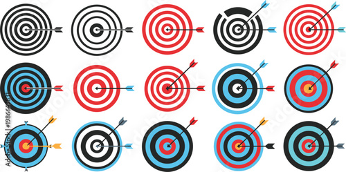 Archery Target And Bullseye Vector Set Featuring Colorful Circular Boards With Arrows For Business Success Strategy Goal Achievement Competition And Accuracy Graphic Designs