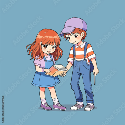 Cute kids stand, cheerful cartoon with bright warm tones