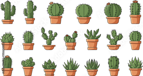 Cactus And Succulent Vector Set Featuring Various Desert Plants In Terracotta Pots Including Saguaro Prickly Pear And Aloe For Botany Home Decor And Nature Graphic Designs