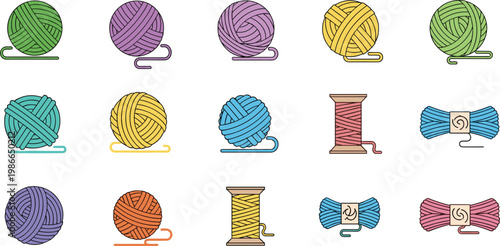 Colorful Yarn Balls and Thread Spools Vector Set Featuring Diverse Knitting Supplies Sewing Materials and Handicraft Elements Isolated on White Background