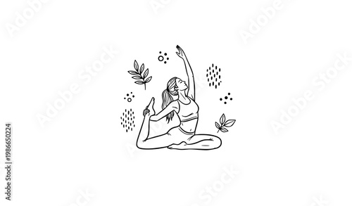 Boho style woman yoga pose vector with hand drawn female fitness illustration and decorative wellness elements