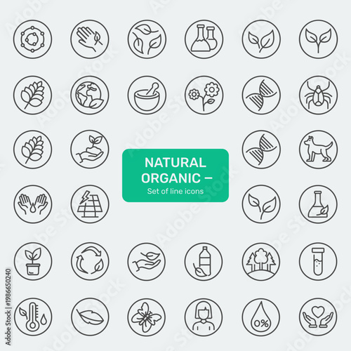 Quadro su tela Natural Organic Icons Set – Eco, Nature and Healthy Lifestyle Line Vector Collec