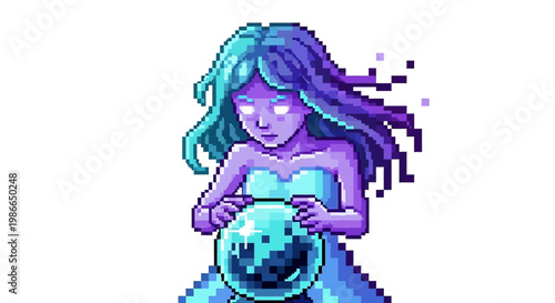 Pixel Art Ghostly Woman Holding Crystal Ball.