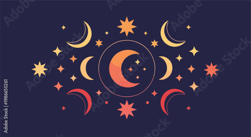 Celestial illustration of moons and stars in warm colors on dark background