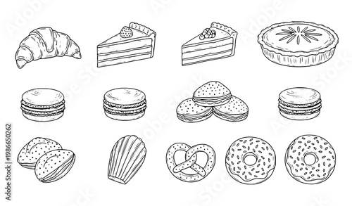 Hand drawn dessert vector set with croissant cake pie macarons donut and bakery sweets in clean outline style