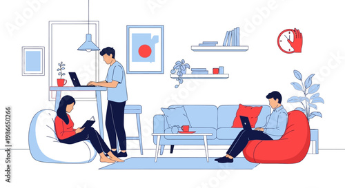 Three people working remotely in a modern living room setting.