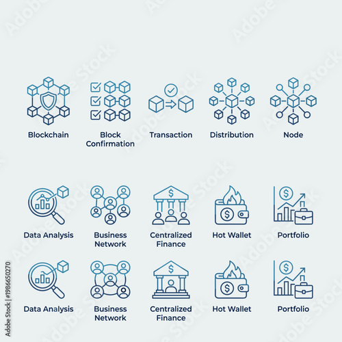 Blockchain Finance Icons Set – Cryptocurrency, Data Analysis and Web3 Blue Vector Collection
