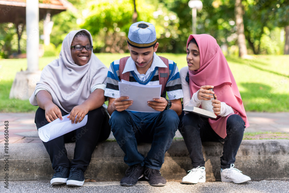 Fototapeta premium Diverse students studying outdoors together