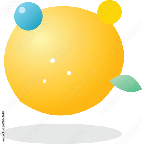 A vibrant yellow abstract sphere with colorful accents floats gracefully on a white background.