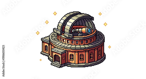 Pixel Art Observatory Building with Telescope and Stars.