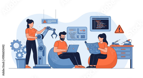 Team working with robotic arm and laptops.