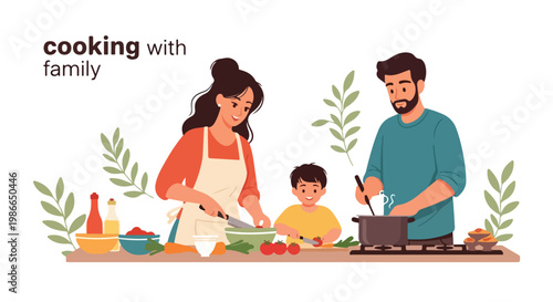 Family Cooking Together in Kitchen Vector Illustration
