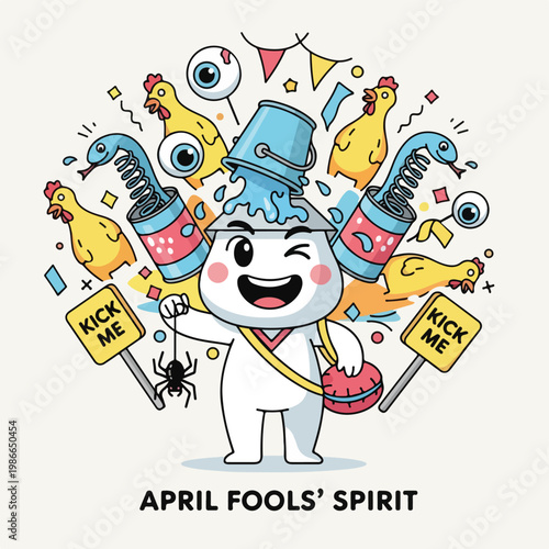 A cartoon character surrounded by chickens and prank items