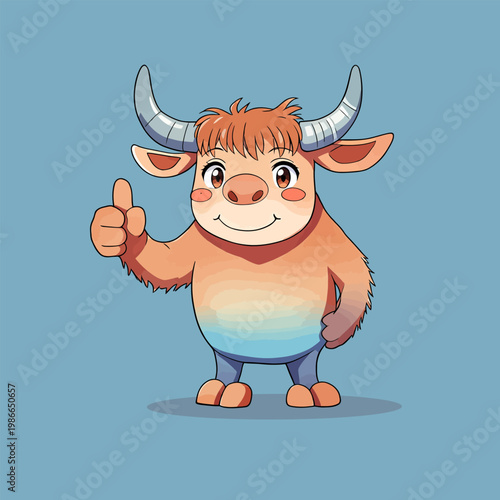 Cute cow stands, cheerful cartoon with warm bright tones