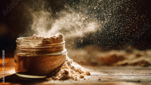 A glass jar with powder on a rustic table.