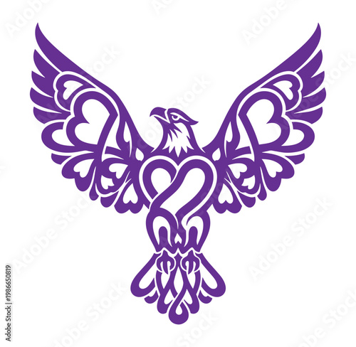 Purple eagle with heart shaped wings and body flying up high in air