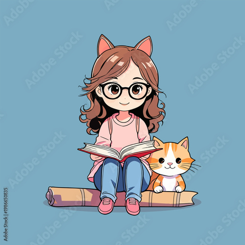 Cute cat sits with owner, warm cartoon with soft cozy tones
