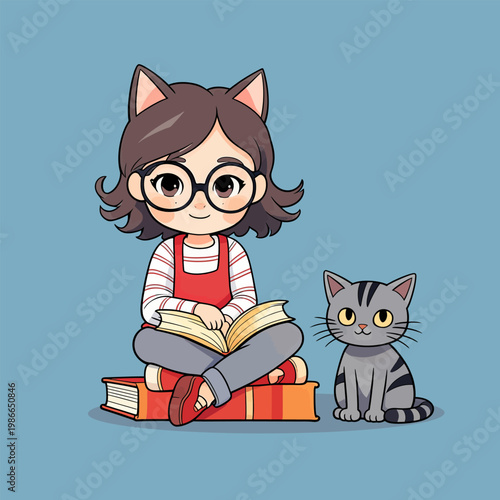 Cute cat sits with owner, warm cartoon with soft cozy tones