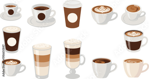Diverse Coffee and Hot Beverages Vector Set Featuring Espresso Cups Latte Art Cappuccino Glasses and Takeaway Paper Cups Isolated on White Background for Cafe Designs