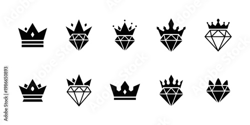 Luxurious black crown diamond logo set on white background, featuring elegant royal symbols ideal for premium branding, royal identity and exclusive business designs.