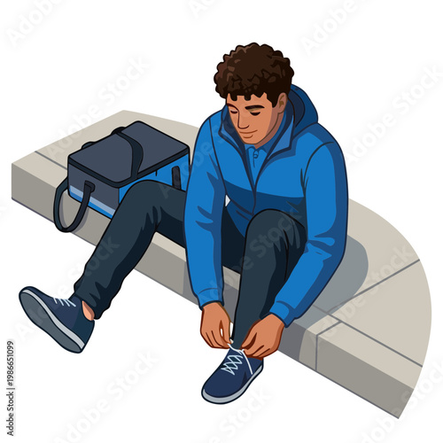 Teenager sitting on steps tying shoes with backpack beside him