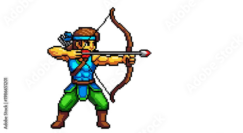 Pixel Art Archer Aiming Bow and Arrow with Focus.