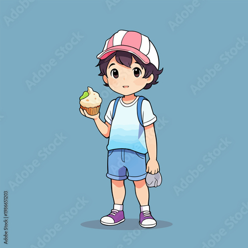 Cute boy stands, cheerful cartoon with bright warm tones