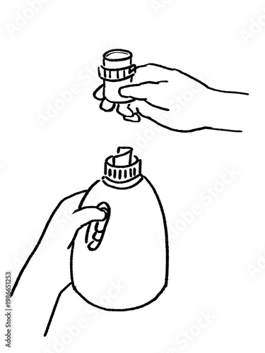 液体洗剤のボトルのキャップを開けて計量する手のイラストIllustration of hands opening the cap of a liquid detergent bottle