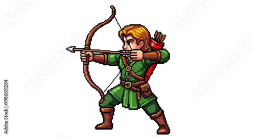 Pixel Art Archer Character Aiming Bow and Arrow.