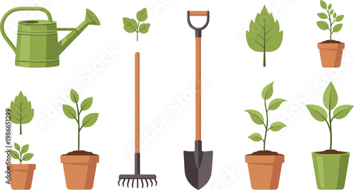 Gardening Tools and Potted Plants Vector Set Featuring Watering Can Shovel Rake and Diverse Green Seedlings in Terracotta Pots Isolated on White Background