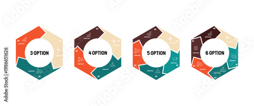 Set of vector infographic circular hexagon templates. Cycle diagrams with 3, 4, 5, 6 parts, options. Can be used for chart, graph, report, slide, presentation. vector editable 