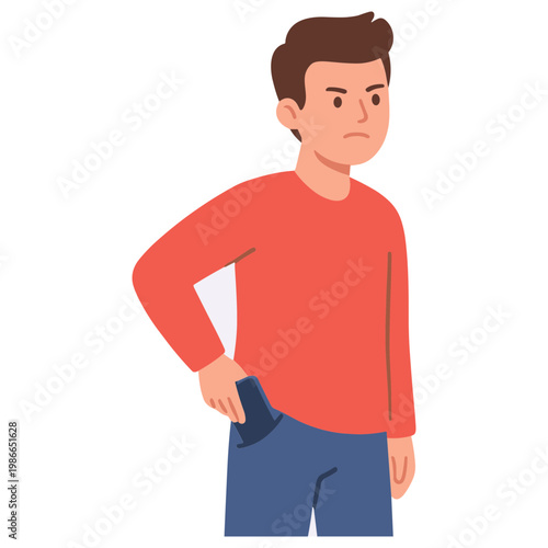 A man in an orange shirt looks frustrated with an empty pocket.