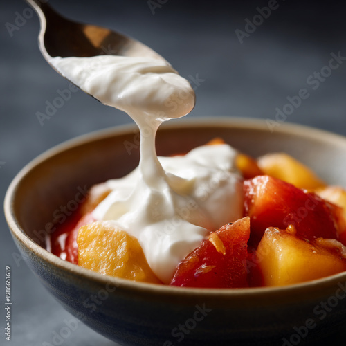 Creamy yogurt spooned over a bowl of fresh fruit.