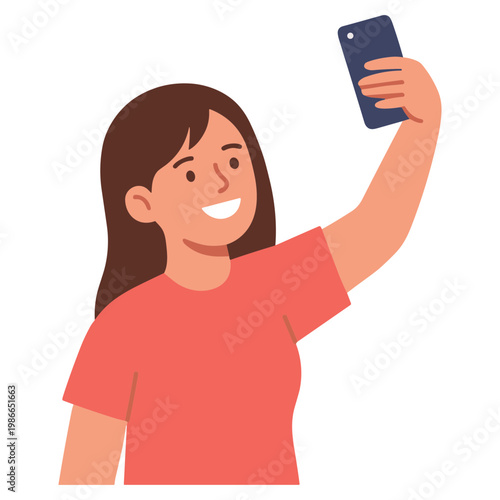 Woman takes selfie with smartphone in hand smiling