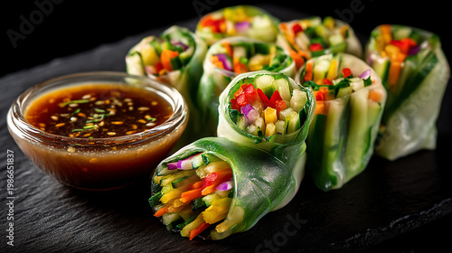 Colorful fresh vegetable rolls on slate with dipping sauce.